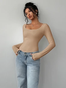 SHEIN BASICS 女款休閒針織修身長袖圓領基本款T恤，冬季女裝穿搭 - 駝色 - 查看 8