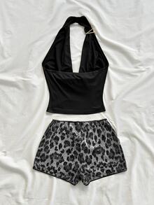 Soleia Women's Solid Color Metal Decor Halter Top And Leopard Print Shorts Casual Daily 2 Pieces Set - Grey - View 2