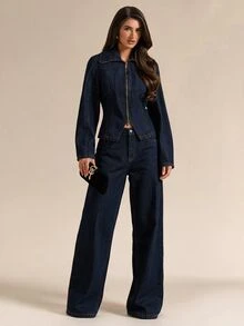 SHEIN BAE Women's Zipper Casual Versatile Everyday Denim Jacket - Blue - View 4