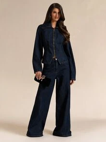 SHEIN BAE Women's Zipper Casual Versatile Everyday Denim Jacket - Blue - View 3