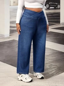 Lounesse Celana Jeans Denim Kasual Sehari-hari Wanita Ukuran Plus dengan Pinggang Asimetris - Biru - View 5