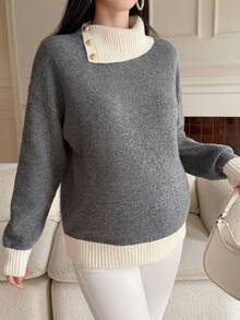 DAZY Patchwork Contrast Color Lapel Long Sleeve Loose Pullover Casual Daily Korean Style Autumn/Winter Thick Knit Sweater Maternity - Grey - View 6