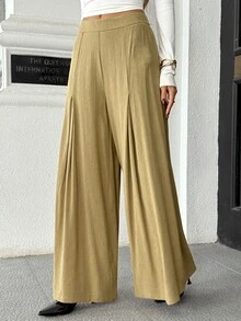 Pariaura Elegant Linen-Like Mid-Waist Draped Skin-Friendly Commuter Style Regular Long Pants - Khaki - View 5