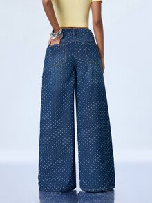 Y2Kool Women's Polka Dot Pattern Pocket Wide Leg Loose Fit Jeans - Dark Wash - View 2