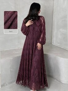 Yasveil Women's Wine Red Knitted Lace Long Sleeve Cinched Waist A-Line Elegant Romantic Arabian Dress - Burgundy - View 8