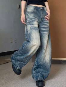 DAZY Women's Deep Blue Washed Distressed High Waist Loose Wide Leg Patchwork Design Casual Versatile Denim Jeans Fall - Blue - View 4