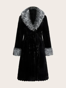 SHEIN Clasi Women's Elegant Faux Fur Coat With Lapel, Long Sleeve And Zipper Closure - Black - View 7