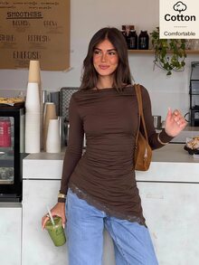 Siren Gaze Kaos Lengan Panjang Slim Fit Katun Wanita Motif Renda Patchwork Warna Cokelat untuk Musim Gugur/Dingin, Formal, Bisnis, Chic, Natal, Tahun Baru, Acara Santai, Peplum A-Line - Coffee Brown - View 1