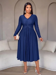 SOLERSUN Plus Size Women's Solid Color Pleated Casual Party Dress - Navy Blue - View 7