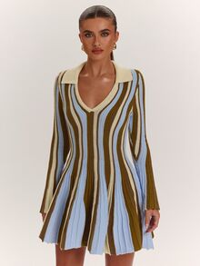 SHEIN BAE Women's Vintage Striped Colorblock Long Sleeve Sweater Dress - Black - View 8