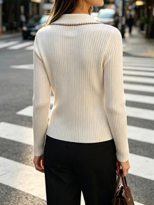 SHEIN 對比縫線彼得潘領羅紋針織開襟衫長袖鈕扣前襟修身毛衣上衣 - 白色 - 查看 3