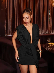 Slaydiva Sleeveless Deep V Mini Dress Draped Shoulder Twist Front Asymmetric Sash Ruched Bodycon Club Dress - Black - View 4