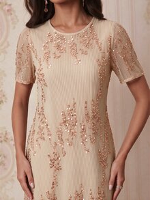 Amorya 女款優雅亮片短袖洋裝，適合約會與度假 - 杏色 - 查看 7