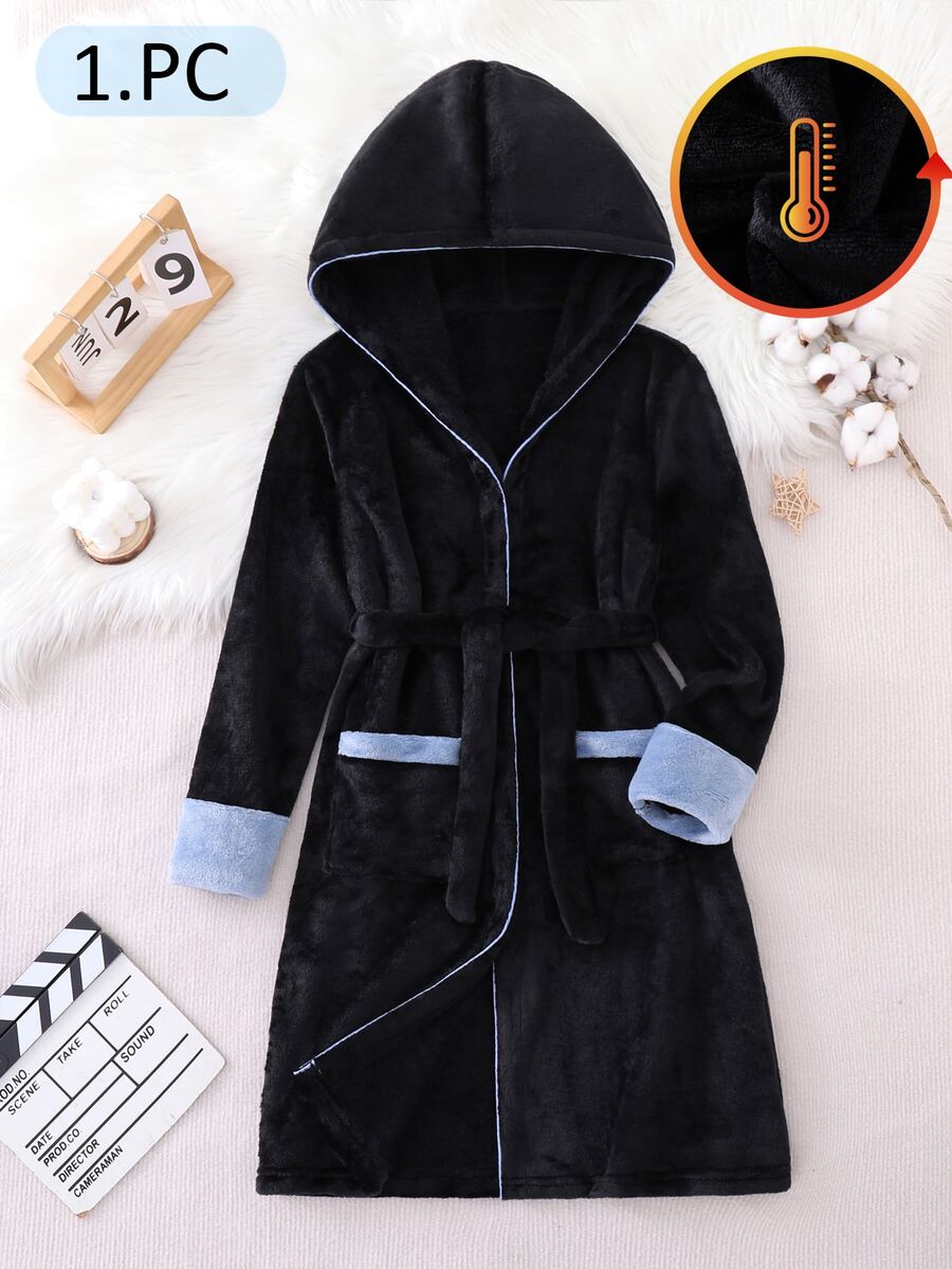 Boys' Home Clothes Big Kids Warm Soft Skin-Friendly Plush Hooded Design Belted Robe - Black - View 1