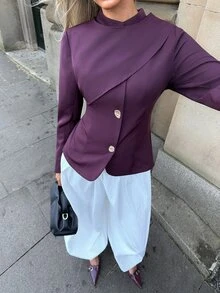 Aloruh Women's Solid Color Long Sleeve Metal Single-Breasted Fashion Blazer Fall Clothes For Women Work Outfits For Women - Purple - View 1