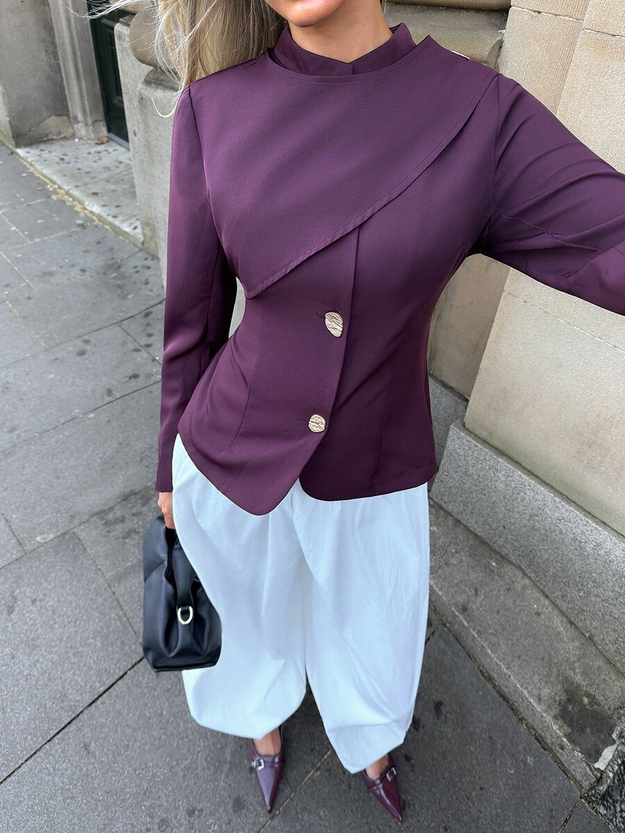 Aloruh Women's Solid Color Long Sleeve Metal Single-Breasted Fashion Blazer Fall Clothes For Women Work Outfits For Women - Purple - View 1