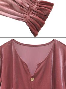 Linhara CURVE Plus Size Women's Autumn/Winter Pink Small V-Neck Button Decor Long Sleeve Petal Sleeve Loose Slimming Blouse - Pink - View 7