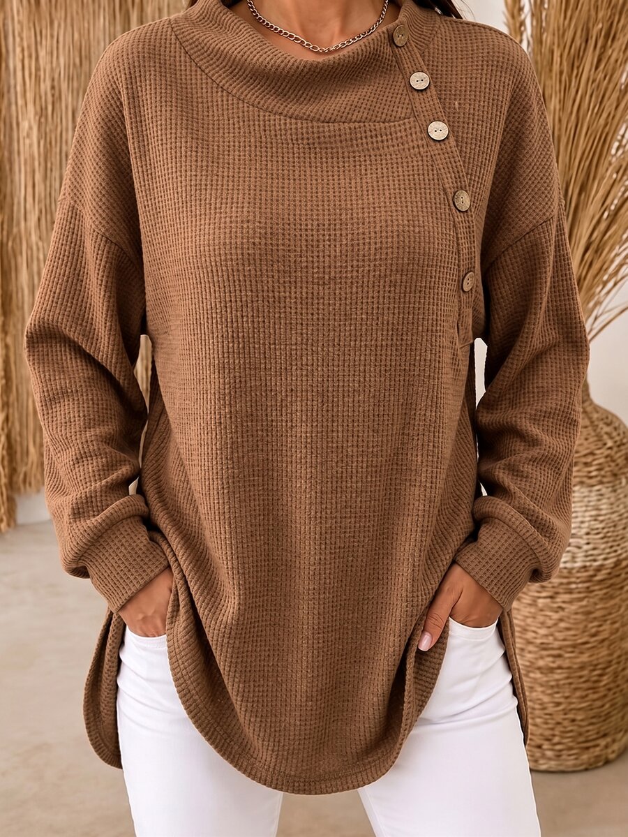 EMERY ROSE Plus Size Women's Solid Color Pullover Long Sleeve Button Textured Sweatshirt, Autumn/Winter Casual Long Sleeve Top - Brown - View 1