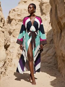 Zivah New Elegant Women's Multi-Color Totem Print Robe-Style Long Cover-Up With Tie, Suitable For Multiple Occasions, Elegant Women's Beach Vacation Versatile Commute - Multicolor - View 6