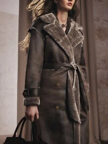 Anewsta Grey Lapel Fur-Trimmed One-Piece Long Coat With Waist Tie For Women - Brown - View 2