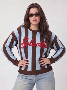 Solavibe Plus Size Y2K Colorblock Striped Oversized Knit Pullover Letter Embroidery Crew Neck For Campus & Daily,Colorblock,Fall Winter,Street Style,Halloween - Brown - View 3