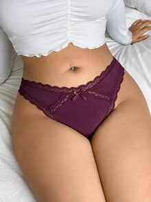 SHEIN Elacene 1件裝蕾絲拼接大尺碼女款丁字褲 - 中紫紅色 - 查看 4