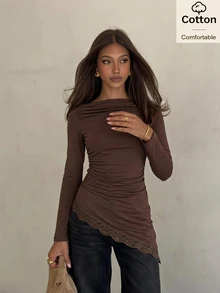 Siren Gaze Kaos Lengan Panjang Slim Fit Katun Wanita Motif Renda Patchwork Warna Cokelat untuk Musim Gugur/Dingin, Formal, Bisnis, Chic, Natal, Tahun Baru, Acara Santai, Peplum A-Line - Coffee Brown - View 6