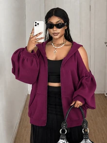 Maweii كنزة رياضية نسائية مقاس كبير بلون موحد مع سحاب كاجوال للاستخدام اليومي بأكمام طويلة للشتاء - روز أحمر - مشاهدة 5