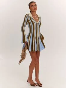 SHEIN BAE Women's Vintage Striped Colorblock Long Sleeve Sweater Dress - Black - View 4