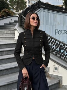 Lavishia Women's Light Khaki Slim Fit Zipper Front Napoleon/Military Style Jacket, Summer Outfit, Outing, Country Concert Attire, Summer Top - Black - View 3