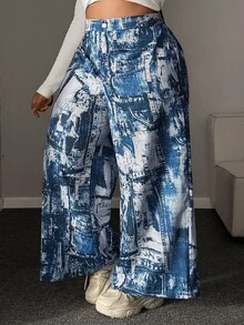 Maweii Plus Size Fashion Versatile Casual Digital Print Design Wide Leg Long Pants - Blue - View 6