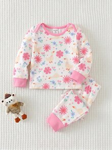 SHEIN 新生女嬰可愛愛心圖案蓬鬆紫色長袖居家服套裝 - 紫色 - 查看 10