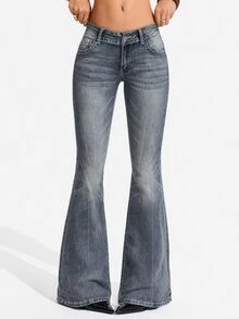 SHEIN Tall 女款休閒百搭喇叭褲牛仔褲，附口袋 - 藍色 - 查看 5