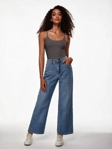 SHEIN BASICS 女款素色休閒日常穿搭細肩帶背心上衣 - 深灰色 - 查看 11