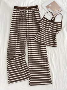 Elamini Women's Elegant Commute Casual Fashion & Versatile Striped Camisole Long Pants & 2 Pieces Set - Coffee Brown - View 1