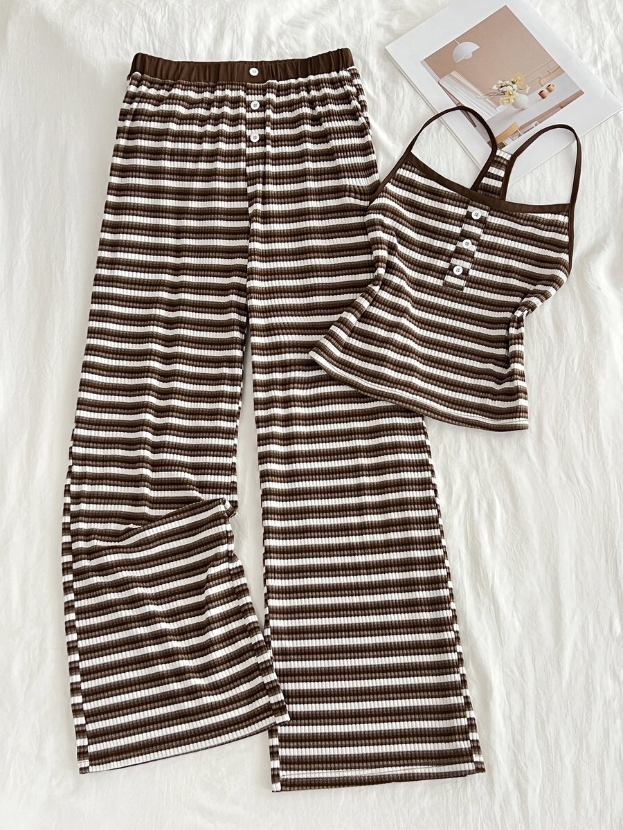Elamini Women's Elegant Commute Casual Fashion & Versatile Striped Camisole Long Pants & 2 Pieces Set - Coffee Brown - View 1