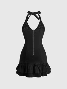 ROMWE Street Life Street Style Halter Neck Elastic Denim Eyelet Decor Women's Cake Dress - Black - View 2