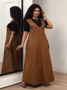 Slaydiva Plus Size Women's V-Neck Cargo Pocket Casual Denim Overall Dress - Blue - View 4