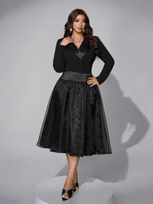 Viva Relle Plus Size Long Sleeve French Lapel Design Jacket And Long Skirt Suit Set - Black - View 4
