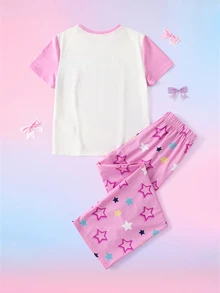 My Little Pony X SHEIN Set Pakaian Tidur Rumah Kasual Sehari-hari untuk Remaja Perempuan: Atasan Lengan Pendek dan Celana Panjang Motif Kartun - MultiWarna - View 2