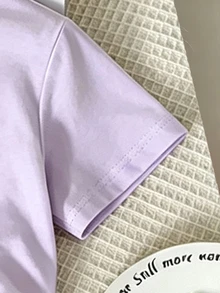SHEIN (1 Pc) Baby Girls Casual Fresh Cute Minimalist Shiny Cherry Leaf Pattern Basic Purple Short T-Shirt Innerwear, Spring Summer Autumn Winter - Purple - View 3