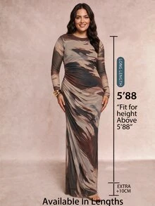 SHEIN Tall CURVE 大尺碼紮染長袖抓皺度假洋裝 秋季款 - 彩色 - 查看 2