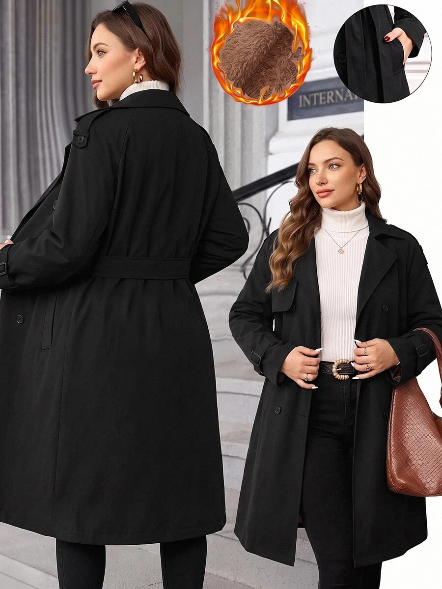 SHEIN Clasi 女款時尚百搭鈕扣口袋長袖風衣 - 黑色 - 查看 1