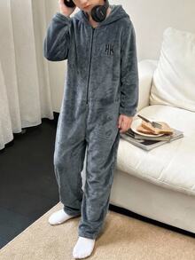 SHEIN Tween Boy Autumn/Winter Minimalist Letter Embroidered Pattern Long Sleeve Hooded Zip-Up Soft Skin-Friendly Flannel Loungewear Jumpsuit - Grey - View 1
