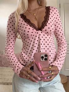CovetEZ Women's Casual Comfortable Light Pink Contrast Lace Long Sleeve Top, Autumn/Winter - 淺粉色 - 查看 4