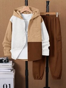 SHEIN 青少年男孩休閒運動學院風百搭抓絨拼色拼接連帽外套與鬆緊腰長褲套裝，適合通勤、上學、日常休閒外出、運動，秋冬穿著 - 彩色 - 查看 10