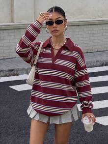 Muchica 女款 Polo 領長袖寬鬆衛衣，厚實面料，適合秋冬穿著 - 彩色 - 查看 6