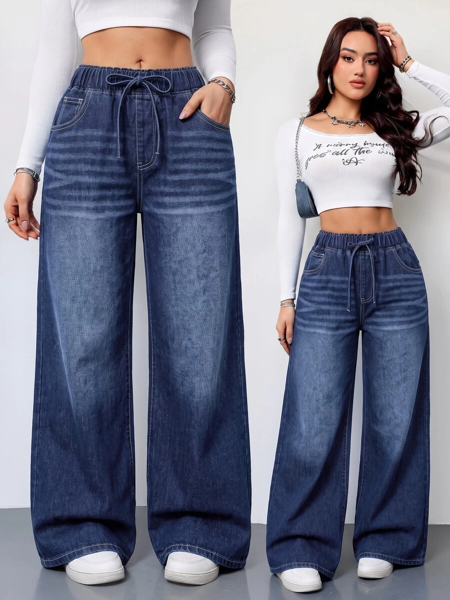 SHEIN Tall Women's Drawstring Waist Pocket Casual Daily Travel Jeans - Dark Wash - View 1