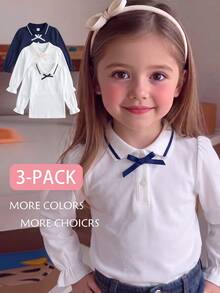 Elladie kids 女童 3 件組蝴蝶結長袖 Polo 衫，條紋立領精緻圓鈕扣，長袖 T 恤，基本素色修身 T 恤，適合返校季 - 彩色 - 查看 6