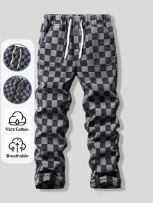 SHEIN Tween Boys Denim Pants Winter Autumn New Street Material Usd Black And White Checkered Style Medium - Black and White - View 3